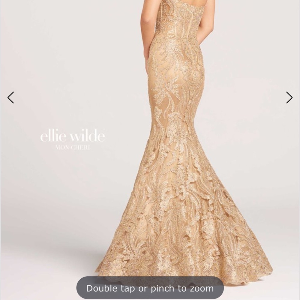 Ellie Wilde Gold Lace Prom Dress - Picture 2 of 15
